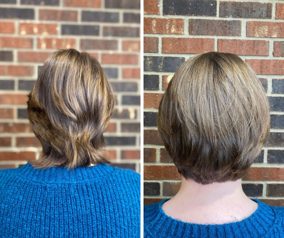 Before and after of Nicole's grown-out pixie cut into a stacked pixie cut