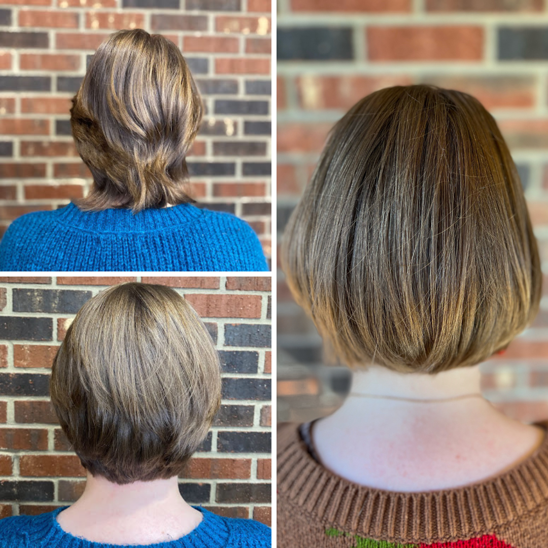 Before, middle, and after of Nicole's grown-out pixie cut into a stacked pixie cut and then chin-length bob.