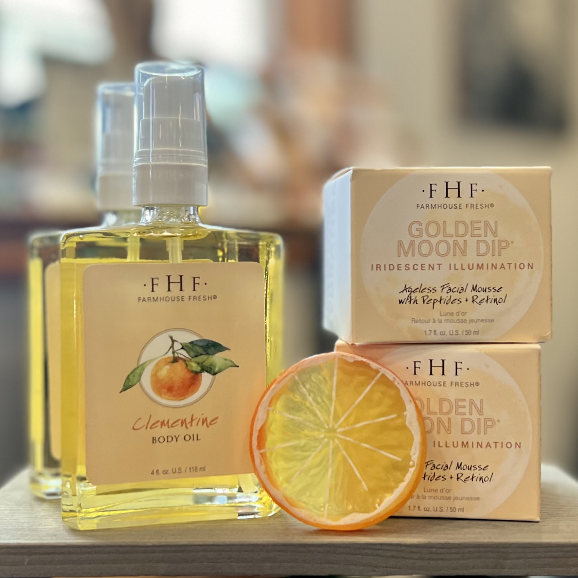 FarmHouse Fresh's Clementine Body Oil and Golden Moon Dip.