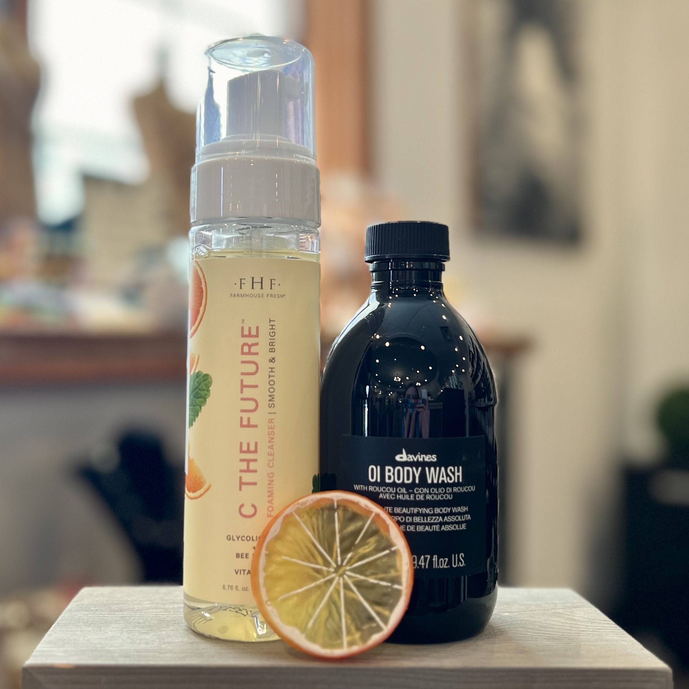 FarmHouse Fresh's C the Future Facial Cleanser and Davines Oi Body Wash.