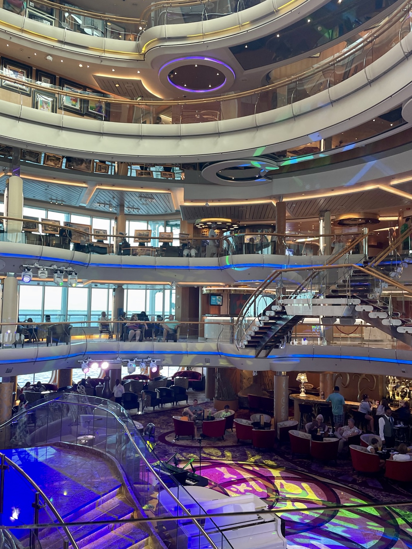 An overlook of decks 4-9 aboard my Royal Caribbean cruise ship, Enchantment of the Seas.