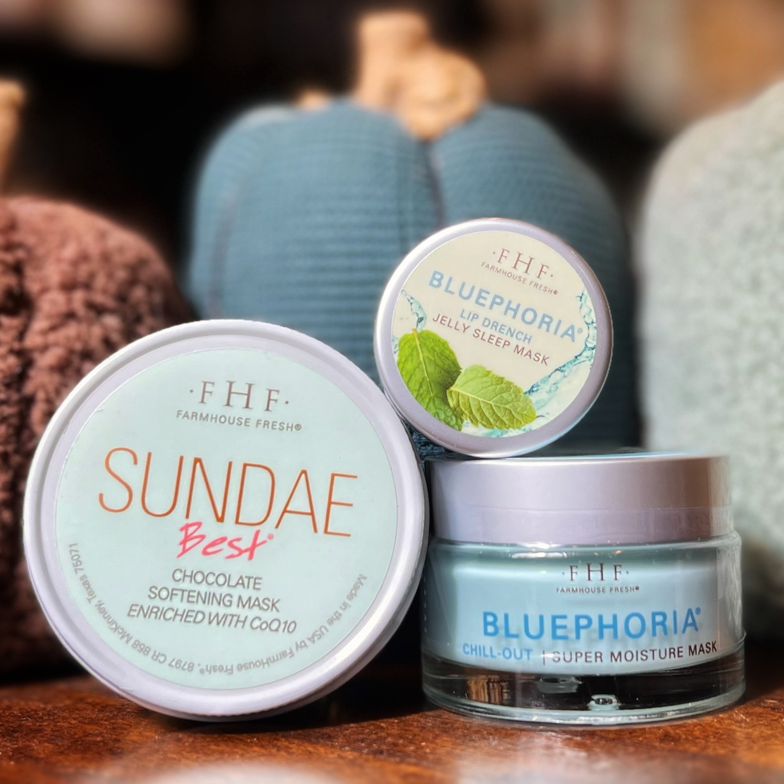 FarmHouse Fresh Sundae Best Chocolate Mask, Bluephoria Chill Out Super Moisture Mask, and Bluephoria Lip Drench Jelly Sleep Mask.