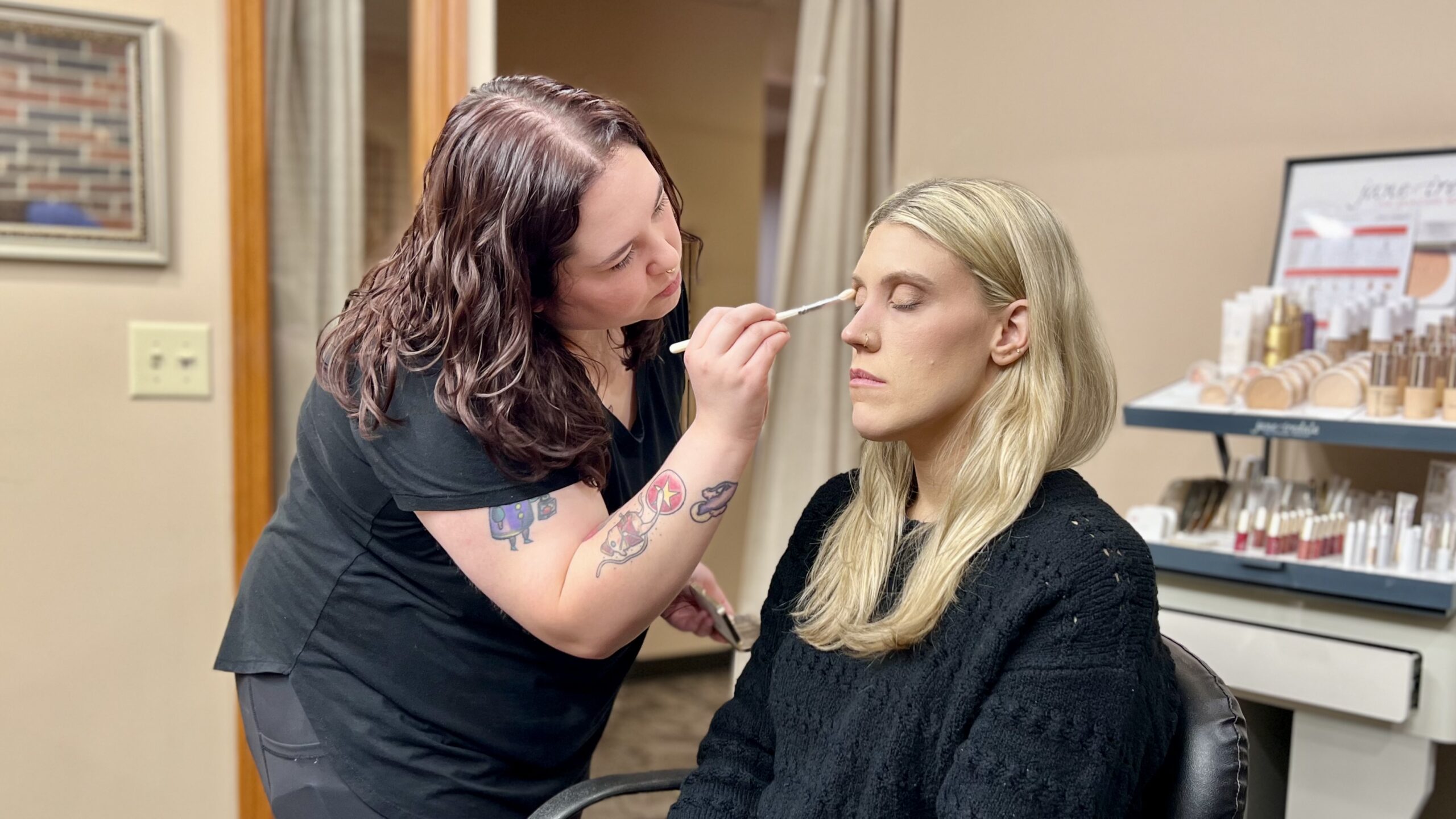 Our esthetician and makeup artist Morgan creates a smoky eye makeup look with Jane Iredale products on our marketing director Mallorie.