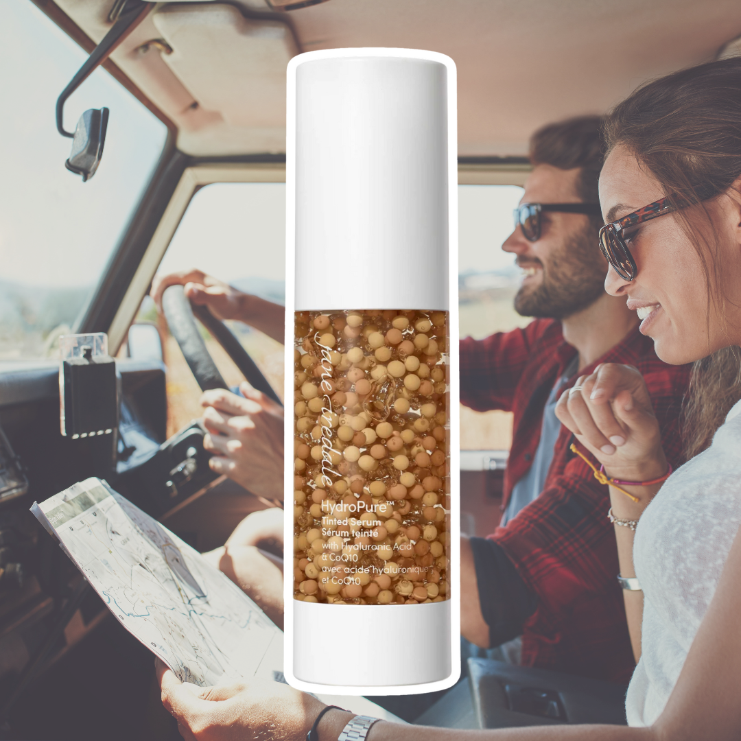 Jane Iredale's HydroPure Tinted Serum shown against a background of a couple road-tripping with a map.