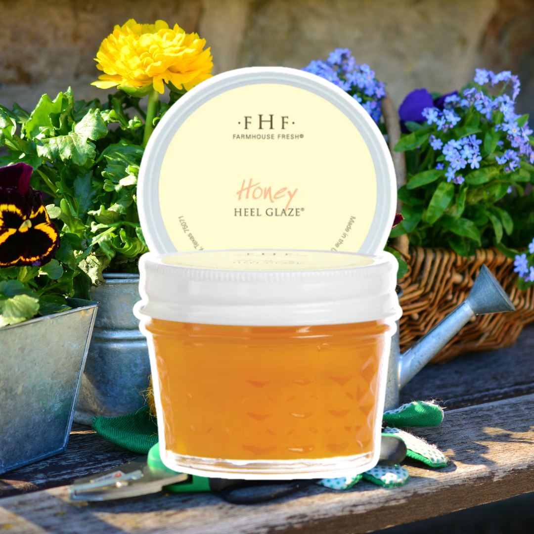 FarmHouse Fresh Honey Heel Glaze outlined in white, set against a gardening backdrop with flowers, gloves, clippers, and a watering can.
