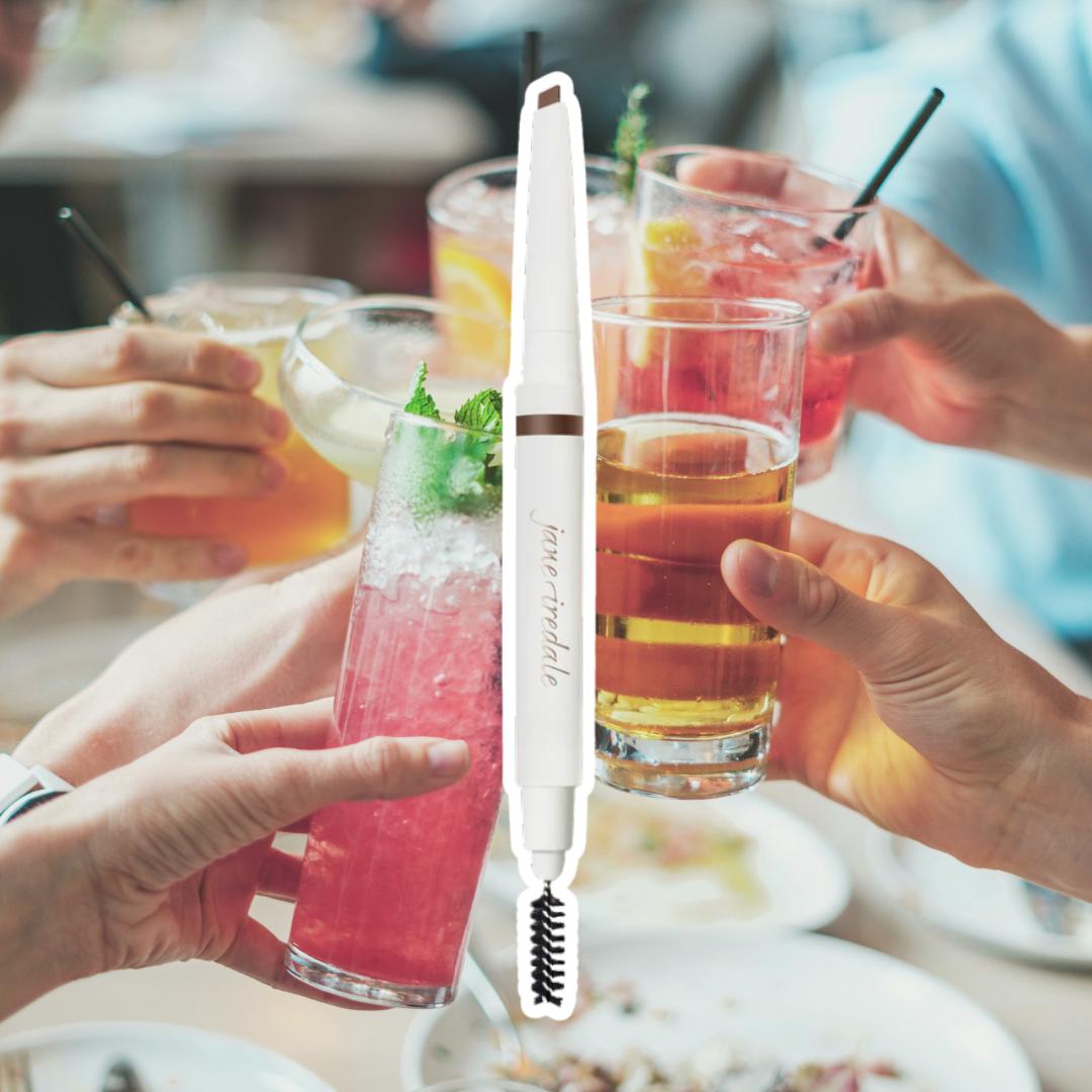 Jane Iredale's Shaping Pencil pictured with a background of friends and family gathering over evening drinks.