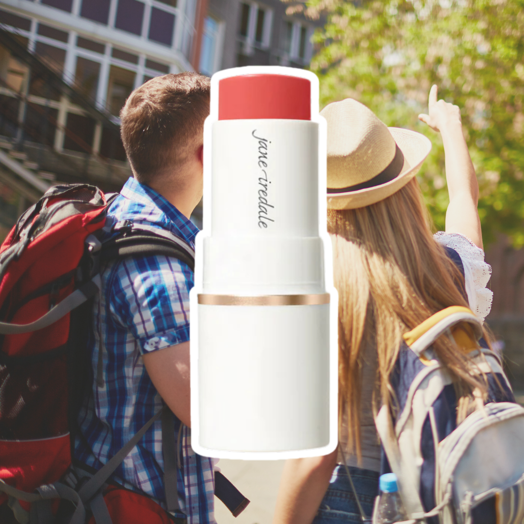 Jane Iredale's Glow Time Blush Stick against a background of a couple pointing while they sightsee during their weekend escape.