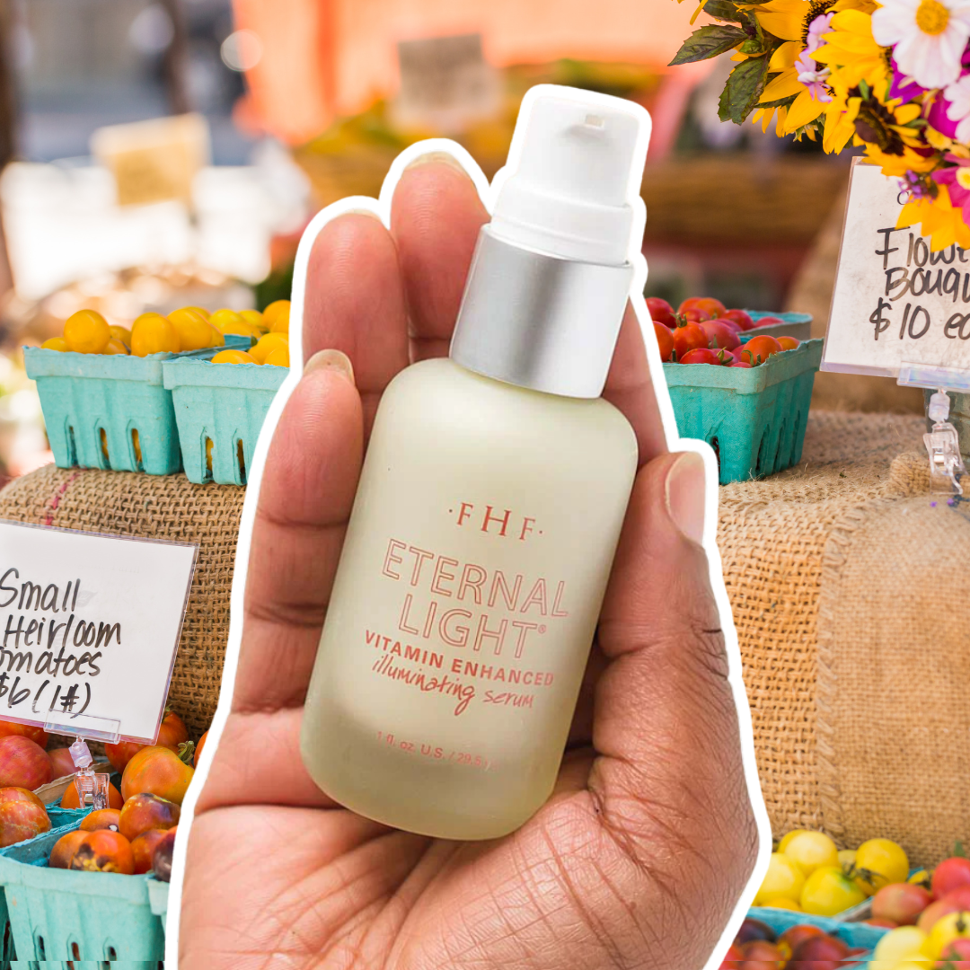 FarmHouse Fresh Eternal Light Illuminating Serum outlined in white, set against a bustling farmer’s market backdrop with colorful vegetables and flowers