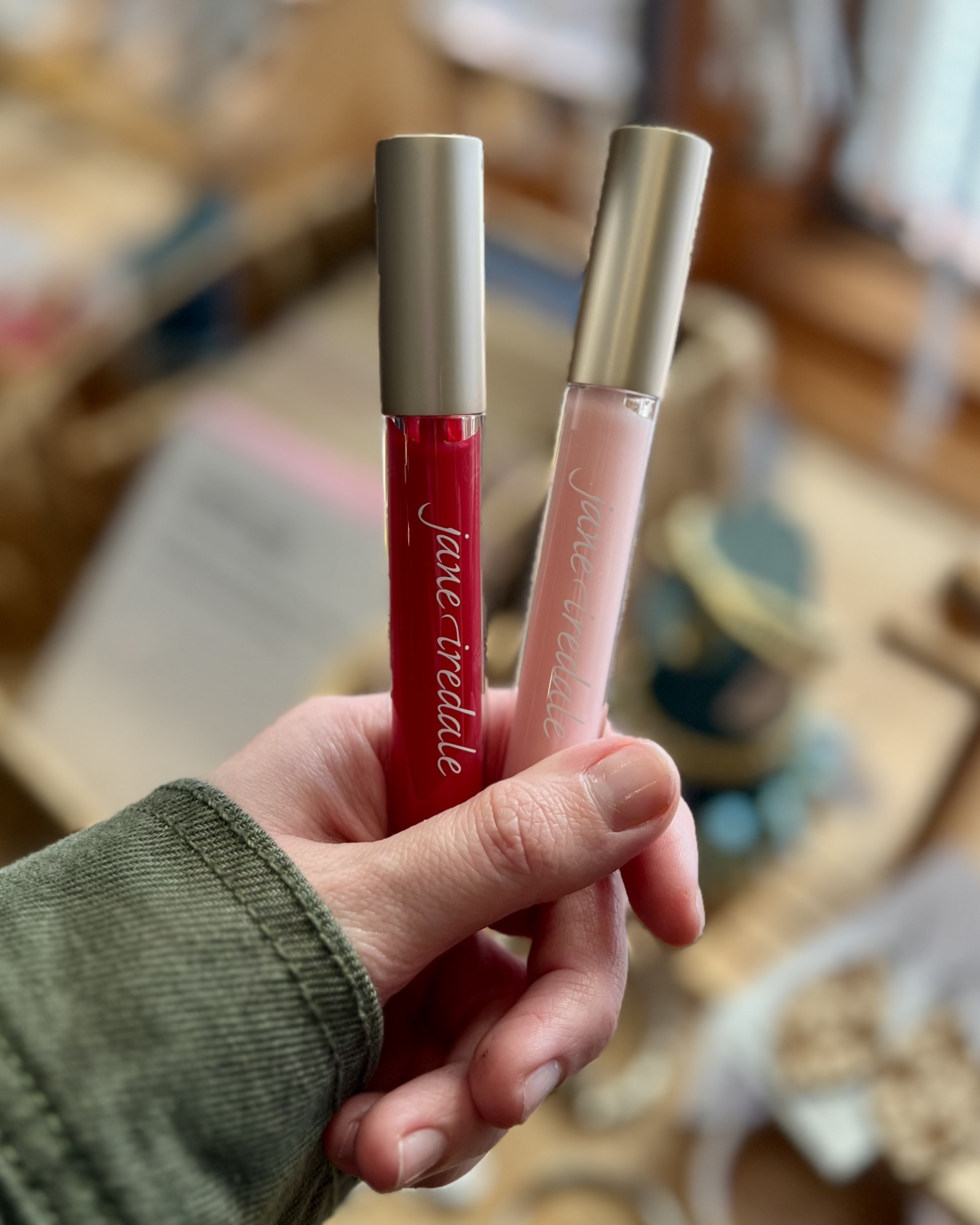 Jane Iredale Hydropure Hyaluronic Acid Lip Glosses in Berry Red and Pink Glace.