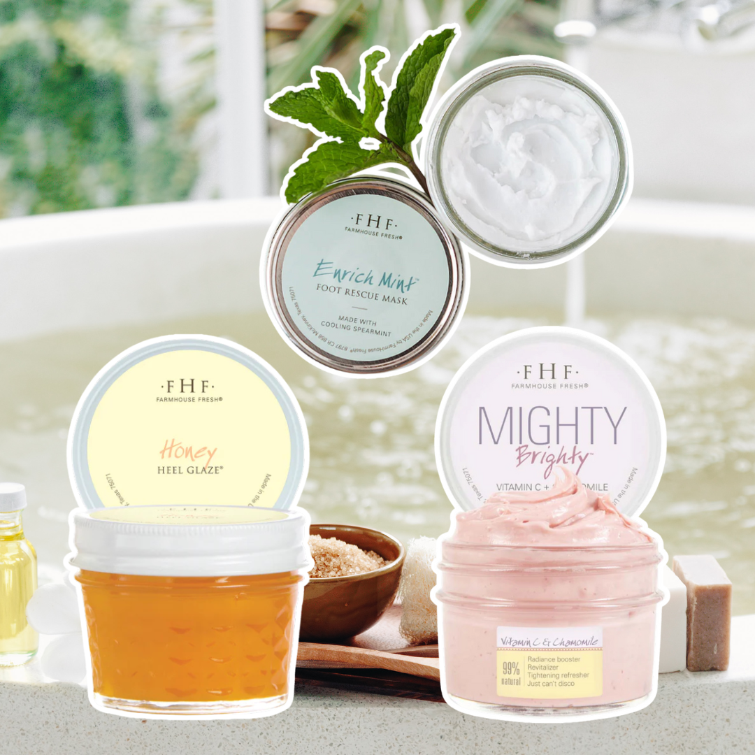FarmHouse Fresh's Enrich Mint Foot Rescue Mask, Honey Heel Glaze, and Mighty Brighty Face Mask against a background photo of a bath filling up with water.