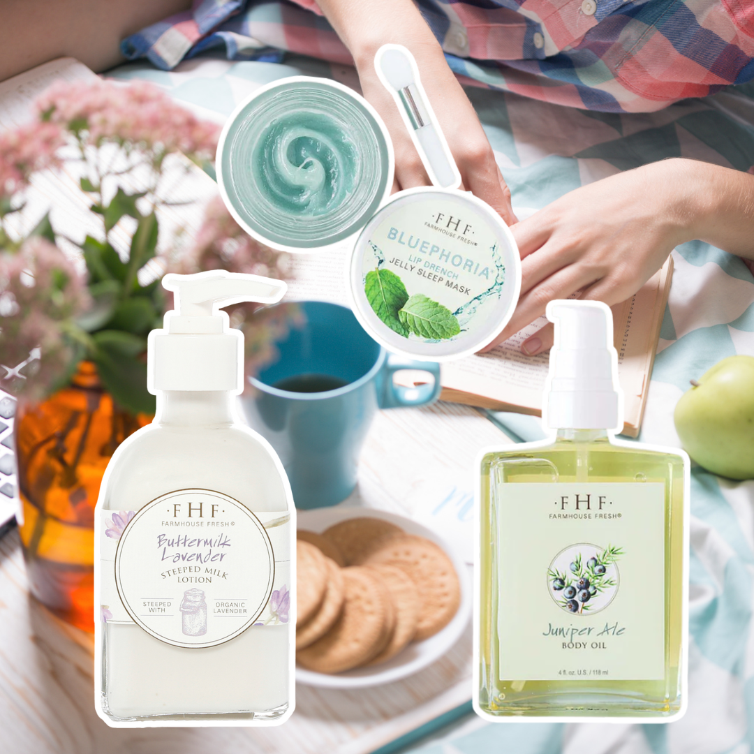 FarmHouse Fresh's Bluephoria Lip Mask, Buttermilk Lavender Steeped Milk Lotion, and Juniper Ale Body Oil against a background photo of a woman writing out her to do list at a kitchen table with coffee, biscuits, and a bouquet of flowers.