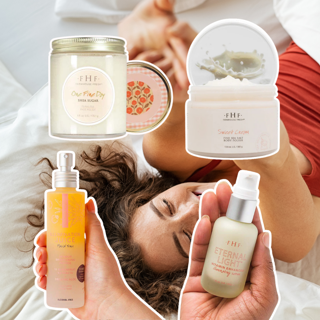 FarmHouse Fresh's One Fine Day Face Polish, Sweet Cream Body Polish, Illumination Juice Facial Tonic, and Eternal Light Eye Serum against a background photo of a woman stretching her arms to wake up out of bed.