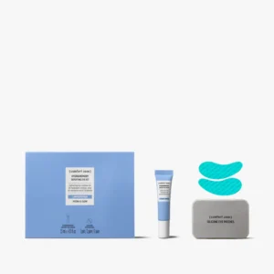 A blue box, a small blue tube, a silver tin, and two turquoise Tranquillity™ Magnesium Body Mist silicone eye patches are displayed on a white background. - Tyler Mason Salon + Spa in Indianapolis, IN