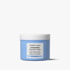 A blue jar labeled "Hydramemory Depuffing Eye Kit (Copy)" with a white lid, containing hydrating eye masks. - Tyler Mason Salon + Spa in Indianapolis, IN