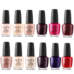Twelve bottles of OPI Trip to the Brite Side Summer 2026 (Copy) nail lacquer in a range of nude, pink, red, purple, and burgundy shades, arranged in two rows on a white background. - Tyler Mason Salon + Spa in Indianapolis, IN