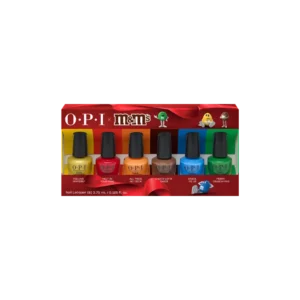 A set of six OPI Repair Mode Bond Building Nail Serum miniature bottles in yellow, red, orange, brown, blue, and green, displayed in a branded box. - Tyler Mason Salon + Spa in Indianapolis, IN
